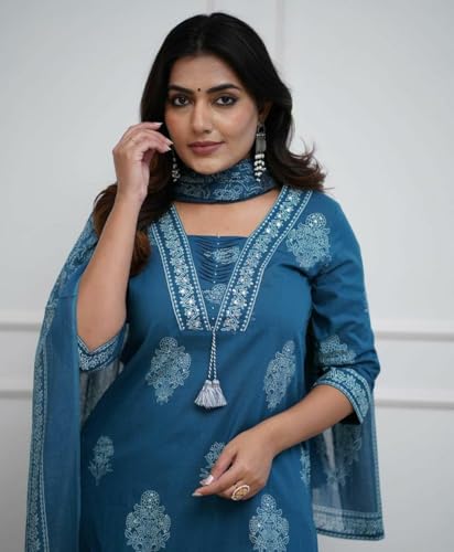 Image of PARTHVI|Women's Pure Cotton Printed with Handwork Kurta with Pants and Dupatta Set | Ethnic Set | Suit Set | Kurta Set | Wedding Suit Set
