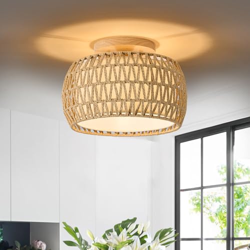 ALAISLYC Boho Rattan Flush Mount Ceiling Lights 12 Inch Farmhouse