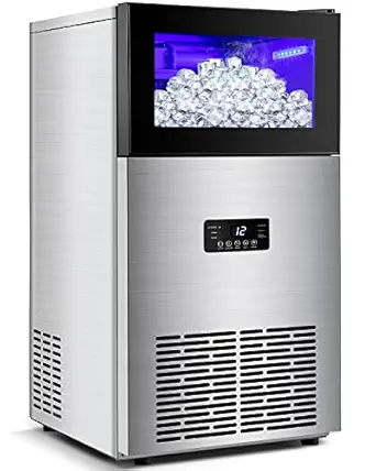 Commercial Ice Maker Machine 130LBS/24H with 35LBS Storage Bin, Stainless Steel Undercounter/Freestanding Ice Cube Maker for Home Bar Outdoor, Automatic Operation, Include Scoop, Connection Hose
