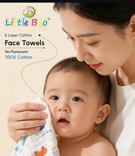 Image of Little Boo Muslin 6 Layer Cotton Face Towels for Newborn Baby Extra Soft Hankies Reusable Napkins for Infants Toddlers /Kids (Pack of 5) White Printed.