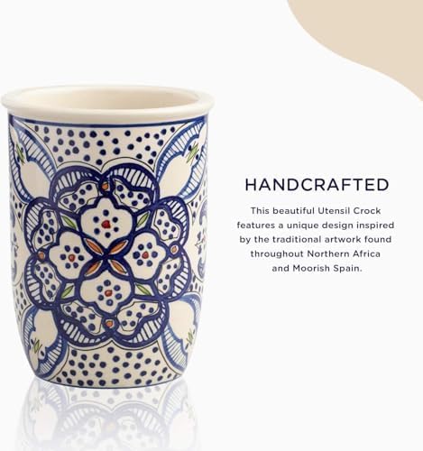 Ceramic Utensil Holder for Kitchen Counter, African Art Ceramic Crock, Kitchen Utensil Holder Countertop Decor, Cooking Spoon & Cutlery Utensils Organizer, Spatula & Ladle Canister, 5.25"Dia. x 7"H