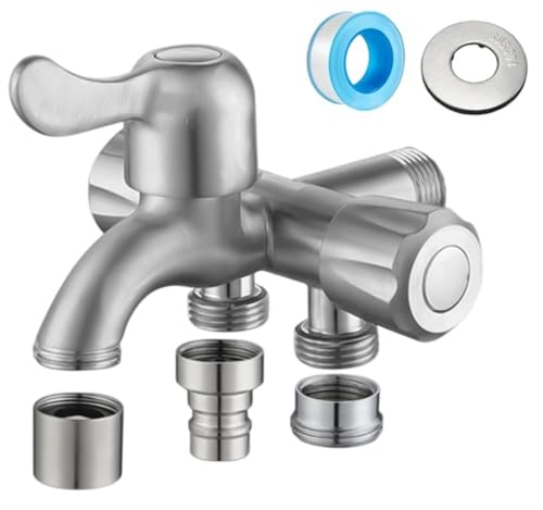 HeartTrend 3分岐蛇口、ステンレス製、洗濯機用、標準G1/2、防錆、壁掛け、ホースコネクタ付き、3分岐蛇口、耐腐食性、耐久性、洗濯、浴室、トイレ、バルコニー、庭に最適 ((高構成)3制御3出口バルブ+ 1メッシュノズル+ 1洗濯機ノズル+ 6ポイ