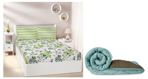 Image of Amazon Brand - Solimo Microfibre Reversible Comforter, Double (Sky Blue & Taupe Grey, 200 GSM) Floral Breeze 144 TC 100% Cotton Double Bedsheet with 2 Pillow Covers, Green