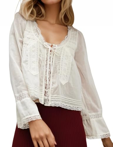Womens Fall Boho Lace Tie Front Long Sleeve Tops Button Down Shirts Ruffled Chiffon Fashion Cute 2025 Y2K Clothes