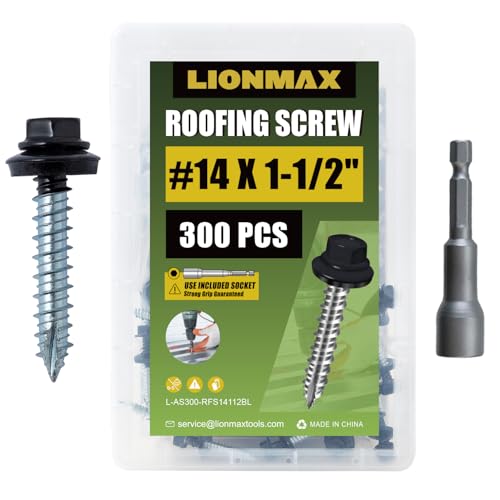 LIONMAX Metal Roofing Screws #14 x 1-1/2 Inch, 300PCS, Black, Rubber Washer