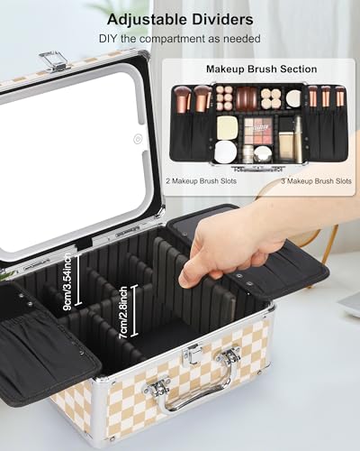 Image of Relavel Makeup Bag with LED Mirror, Makeup Box Travel Train Case with Lighted Mirror & Adjustable Dividers, Cosmetic Brush Organizer Storage for Makeup Artists Gifts for Women and Girls (Plaid, Small)
