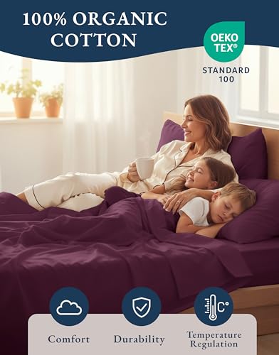 Image of LANE LINEN 100% Organic Cotton Sheets Queen Size, Classic Percale Weave Fully Elasticized Breathable Queen Cotton Sheet Set, Machine Washable Soft & Comfy Queen Sheet Set - Windsor Wine