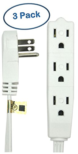 Bindmaster 15 Feet Extension Cord/Wire, 3 Prong Grounded, 3 Outlets, Angeled Flat Plug, White (3 Pack) #TOP6