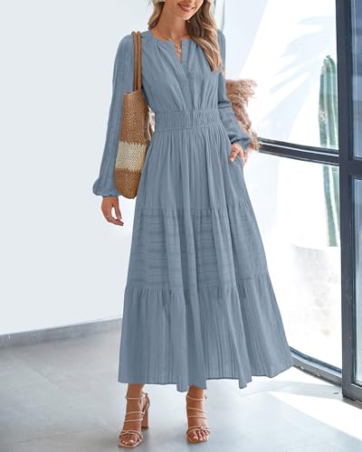 BTFBM Fall Dresses for Women 2025 Casual Long Sleeve V Neck Elastic Waist Lightweight Maxi Wedding Guest Dress Pockets