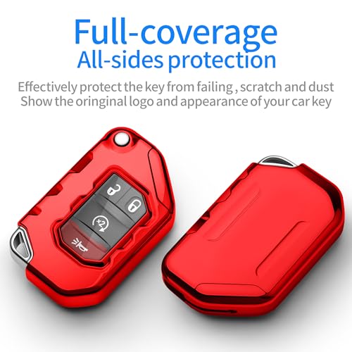Image of Compatible with Jeep Key Fob Cover With Leather Keychain Soft TPU Protection Key Case for 2018-2026 Wrangler JL JLU Rubicon Wagoneer Gladiator JT Sahara JLU Remote Key (Red)