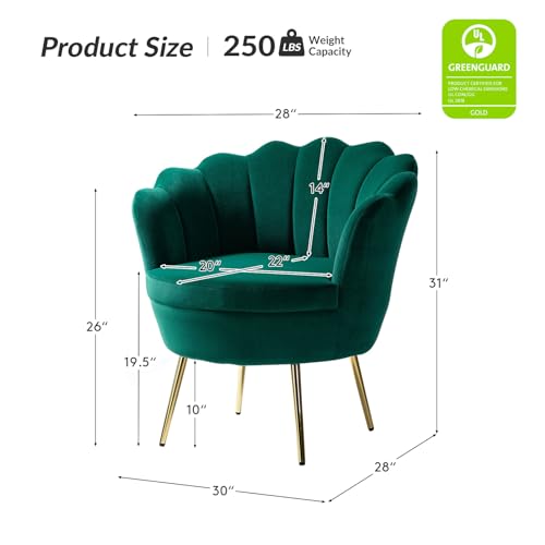 Image of HULALA HOME Modern Velvet Accent Chairs Set of 2 with Shell Shaped Back, Cute Living Room Bedroom Armchairs Sofa Chairs with Gold Legs, Comfy Upholstered Vanity Chairs for Makeup Room, Green