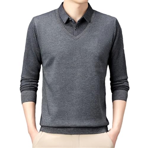 Disimlarl Men's Striped Spliced Sweaters Embroidery Long Sleeve Jumper Fake Two Piece Casual Pullover