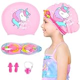 Kids Swim Caps for Girls (Age 6-12), Durable Waterproof Silicone Swimming Cap for Long Hair with Swi