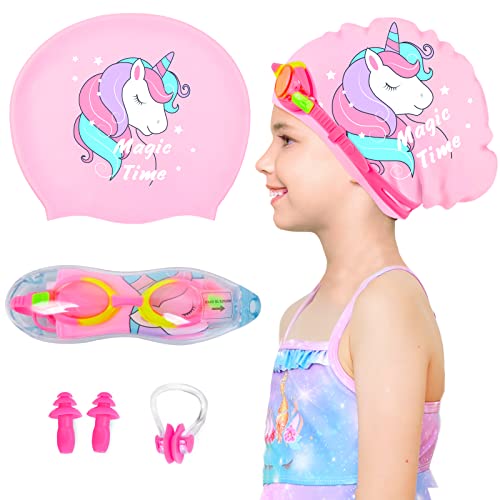 Kids Swim Caps For Girls (Age 6-12), Durable Waterproof Silicone Swimming Cap For Long Hair With Swimming Goggles, Ear Plug And Nose Clip (Pink, Age 6-12) #TOP18