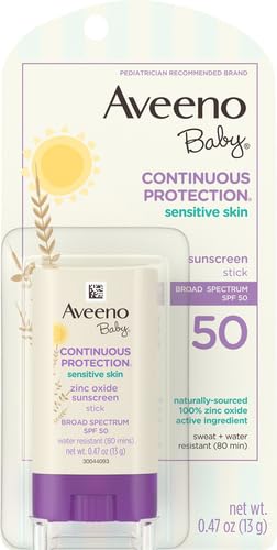 Image of Aveeno Baby Continuous Protection Mineral Sunscreen Stick for Sensitive Skin with Broad Spectrum SPF 50 Protection for Face & Body, Naturally Sourced 100% Zinc Oxide, Travel Size, 0.47 oz (Pack of 12)
