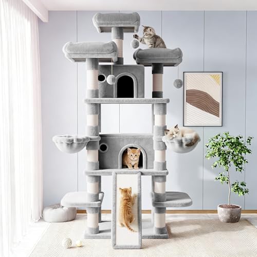 Image of Allewie 82 Inches Large Cat Tree /House /XXL Tall Cat Towers for Big Feline /Scratching Post /Multi-Level Large Kitty Climbing Tree with Condo /Light Grey