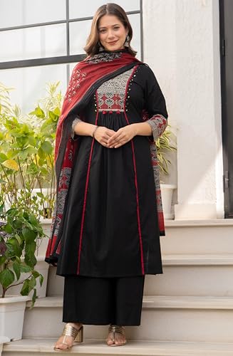 Image of Amayra Women's Pure Cotton A-Line Kurta Set with Palazzo Pants & Dupatta|Ethnic wear|Kurti Suit Set for Women
