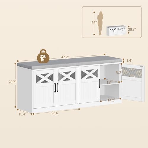 Hzuaneri 2 Tier Shoe Storage Bench with Doors, 47.2\" Farmhouse Shoe Bench with Padded Cushion, 12 Pairs of Bed End Bench, Entryway Bench with Storage for Bedroom, Living Room, White SB61203X