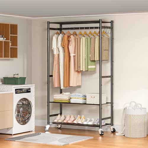 Neatrays Rolling Clothes Rack for Hanging Clothes,Heavy Duty Garment Rack with 3 Tier Wire Shelves,Freestanding Portable Clothing Rack Wardrobe Rack, Black