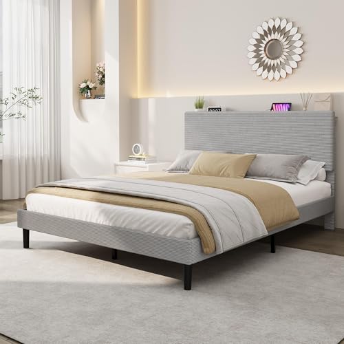 Image of GarveeLife Corduroy Upholstered Platform Bed Frame with USB Charging Station, Adjustable Storage Headboard, Wooden Slat Support, No Box Spring Needed, Easy Assembly,Full Light Gray