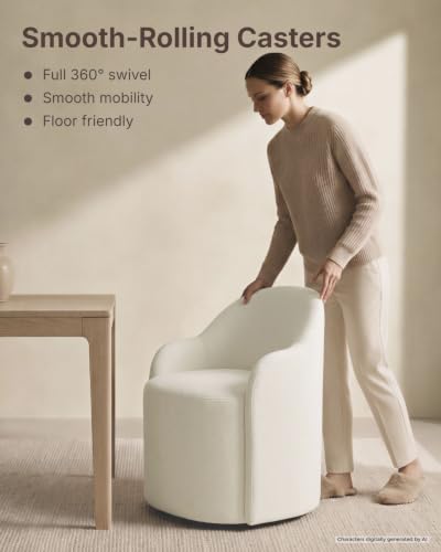 Image of KISLOT Upholstered Dining Chairs Set of 4 with Caster, Pre-Assembled, Ivory | Modern Dining Room Chairs with Wheels, Rolling Vanity Chair with Round Backrest for Kitchen, Bedroom, Dressing, Linen Fabric