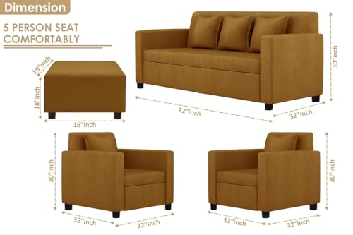 Image of 3+1+1 Seater Sofa Set with Ottoman -Modern Velvet Fabric Sofa Set for Living Room, Deep Seating Comfort with Cushions - Golden Color