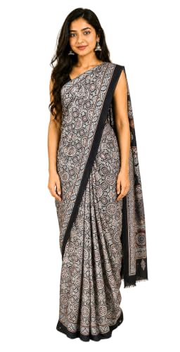 Image of Ethnics of Kutch Womenss Ajrakh Modal Silk Natural Dye Hand Block Print Saree with Blouse Piece - 5.5 Mtr Length