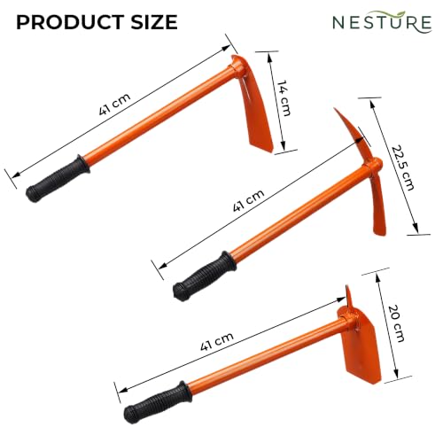 Image of 3 Pcs Gardening Tool Set | Heavy Duty Pickaxe, Hoe & Prong Hoe for Digging, Soil Loosening | Gardening Tools Kit for Home Garden (Orange)