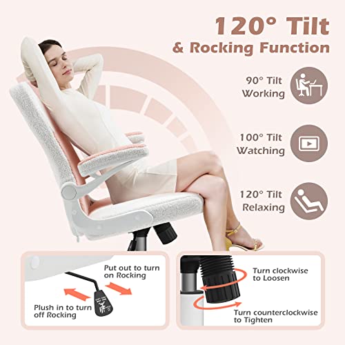 Seatzone Ergonomic Office Chair Velvet Fabric Desk Chairs Computer Chair With Wheels And Flip-Up Arms,Swivel Task Chair For Women,Girls Pink&White #TOP5