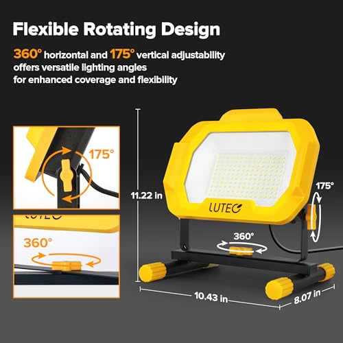 LUTEC 12500 Lumen LED Work Light, Dimmable Flood Lights with 3 Brightness Levels, IP65 Waterproof Portable Job Site Lights with Stand and 5 Ft 3-Prong Power Cord for Workshop Garage Construction Site by LUTEC - Image 4