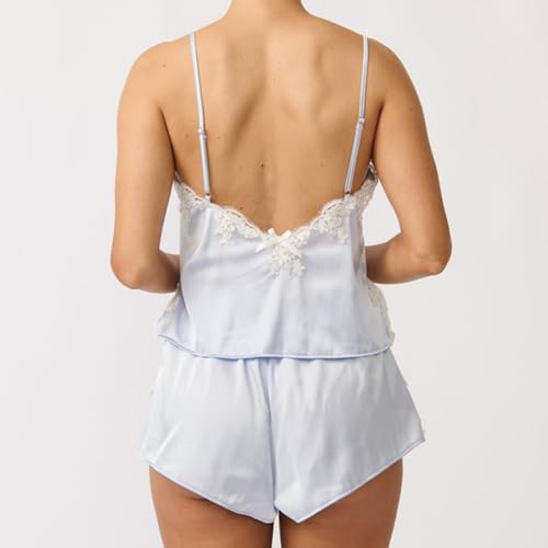 Image of ROAONOCOMO Women Lace Trim Pj Shorts Set Square Neck Coquette Tank Top Silk Satin Pajama Set Babydoll 2 Piece Shorts Outfit
