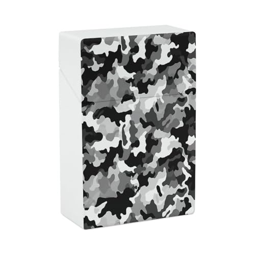 Estuche de plástico para cigarrillos de camuflaje, negro, gris y blanco. Tamaño normal. Capacidad para 20 cigarrillos. Funda protectora para exteriores.