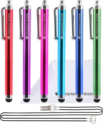 The Friendly Swede Stylus Pen for Touchscreen — 4.5" Stylus Pen for iPad, iPhone & Android - 6-Pack Including 2 x 15 Lanyards and Screen Cleaning Cloth - Red/Purple/Pink/Light Blue/Dark Blue/Green