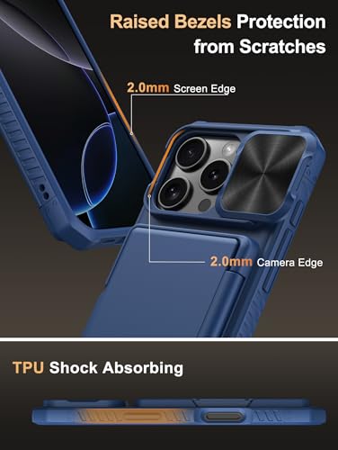 Image of Vihibii for iPhone 16 Pro Wallet Case with Card Holder (4 Cards) [RFID Blocking] & Slide Camera Cover & Raised Edges Protect Screen, Shockproof Rugged Phone Cover for iPhone 16 Pro 6.3 inch 2024, Blue