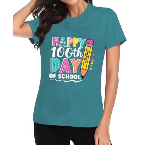 Image of 100th Day of School Shirt for Women Teacher Graphic T-Shirt Funny Teach Short Sleeve Tee Tops