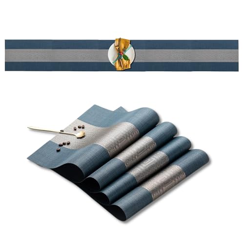 Image of Dining Table Placemats & Runner Set - Heat Resistant, Washable & Stain Resistant Woven Vinyl Mats | Table Runner & 4 Placemats Set for Stylish Dining (45x30 cm Placemats, 180x30 cm Runner)