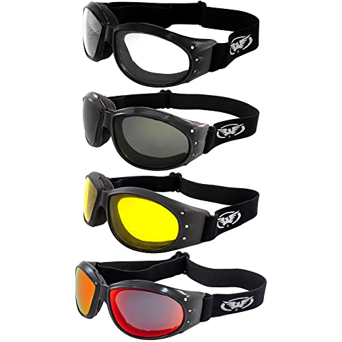 Global Vision 4 Pairs of Global Vision Eliminator Padded Motorcycle Goggles Black Frames Clear Smoke Yellow & G-Tech Red Mirror Lenses