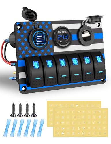 AMOMD 6 Gang Aluminum Rocker Switch Panel with American Flag Pattern ON/Off Toggle Switch Dual USB Port Power Adapter Socket and Digital Voltmeter for Marine Boat Car RV Vehicles Electrical (Blue)