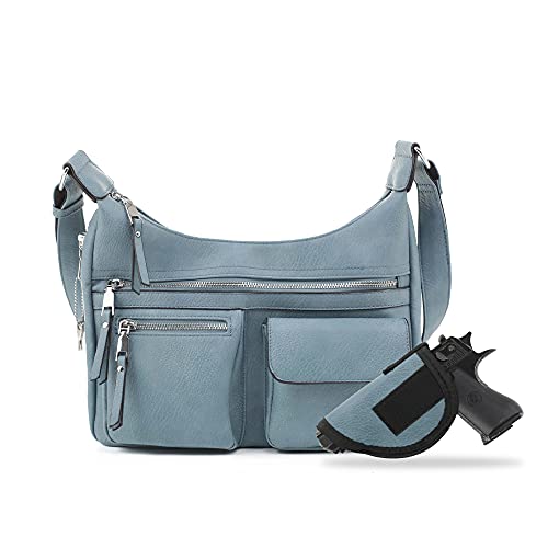 JESSIE & JAMES Large Concealed Carry Crossbody Bag For Women Gunbag Shoulder Purse With Detachable Holster Dark Blue