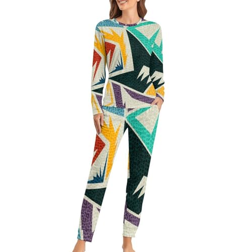 Pyjama femme géométrie rétro t-shirt manches longues et pantalon contre le froid