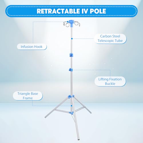 Klappbar Infusionsständer mit 4 Haken und 3 Netzbeuteln IV Ständer Höhenverstellbar von 70-210 cm Tragbarer Aluminiumlegierung Infusion Halterung für Zuhause Pflegeheime Klinikum, Weiß
