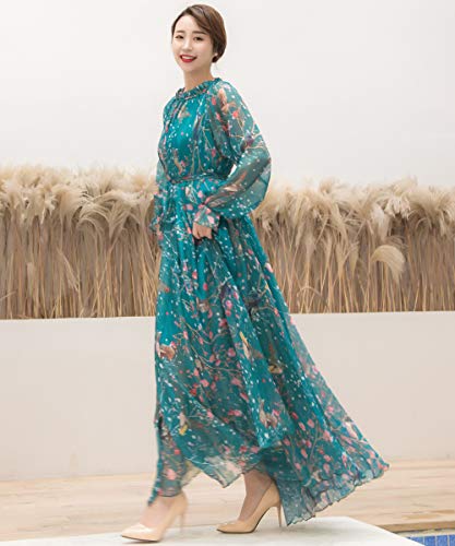 MedeShe Women's Long Sleeve Floral Holiday Beach Bridesmaid Maxi Dress Sundress (Blue Birds Flowers, M/L)