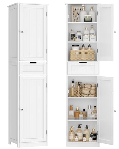 TEENFON Meuble de Salle de Bain avec Portes, Armoire de Rangement Colonne avec Étagères Réglables et Tiroirs, Blanc (40x30x170cm)