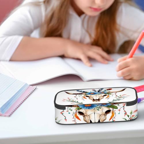 Image of Cow Skull Pencil Holder Bag Bull Head Flowers Feathers Boho Style Pencil Case College Office School for Teens Boy Girl