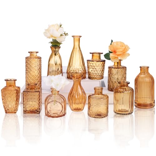 CUCUMI 12pcs Bud Vases for Centerpieces, Amber Gold Glass Vase Set