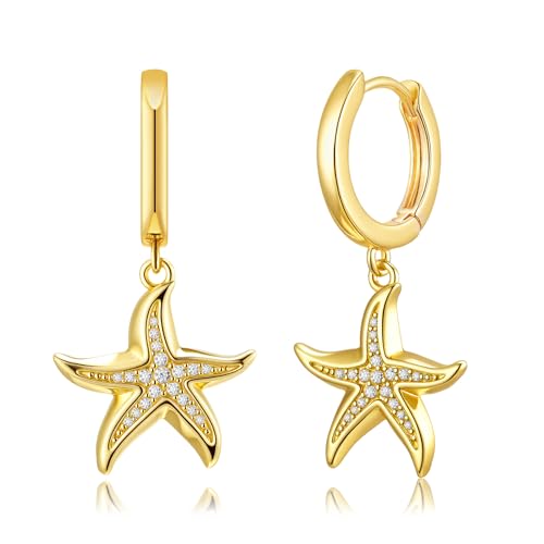 SANNYRA CZ Starfish Earrings for Women - 14K Gold Plated Beach Sea Drop Dangle Earrings Gold - Seashell Beachy Jewelry Trendy