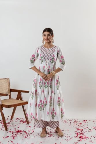 Floral Print Cotton Kurti Dress Set with Dupatta, Long Length, White and Pink4