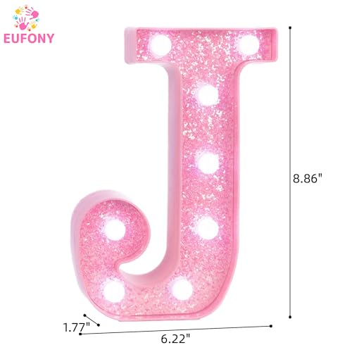 Image of Pink Marquee Light Up Letters, Glitter Alphabet LED Letter Lights for Pink Birthday Party Decorations, Battery Operated Letter Sign for Girls Room Vanity Table Decor, Cool White Lights Letter J