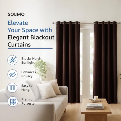 Image of Amazon Brand - Solimo Polyester 100% Blackout Plain Window Curtains|100% Room Darkening| 8 Feet |Set of 2| Plain Design | Blackout|for Living Room Kids Room and Bedroom | Color- Dark Brown