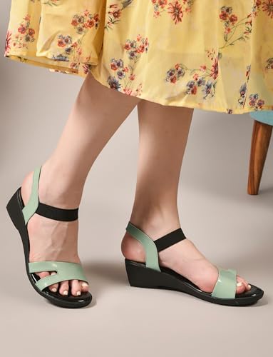 Image of Action Women's Patent Platform Sandals|Open Toe| Elastic Ankle Strap| Wedge Heel Black